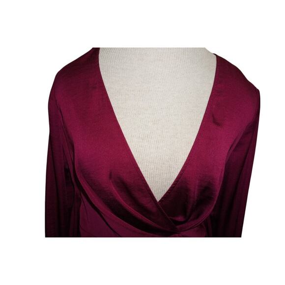 Anthropologie Moulinette Soeurs Burgundy Satin Wrap Blouse – Deep V Long Sleeve - Picture 7 of 14